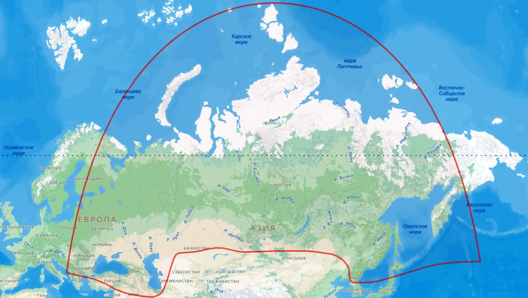 Зона покрытия спутника Экспресс-103 (96,5° в.д.) в Ku-диапазоне: около 90% территории России