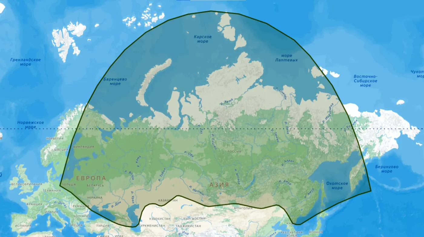 Зона покрытия спутника Ямал-401 (90° в.д.) в Ku-диапазоне